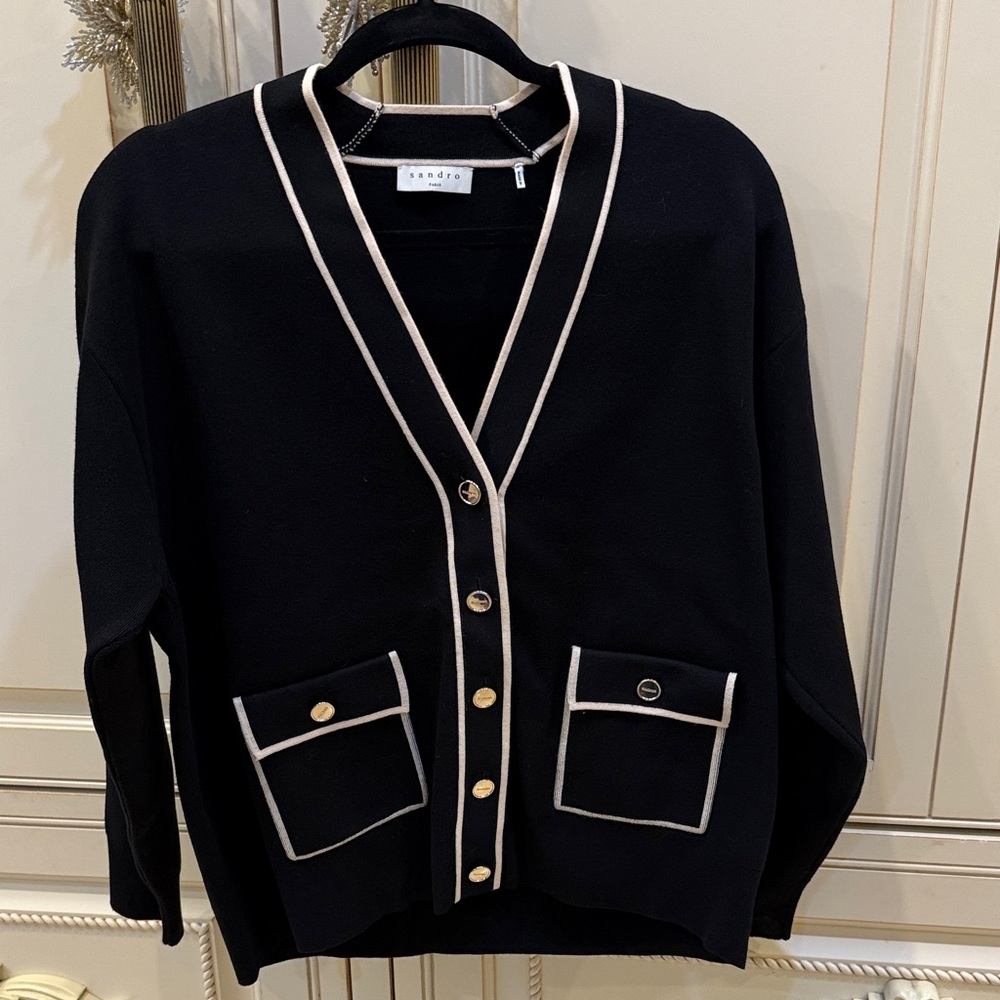 Sandro Black Cardigan with Cream Trim and Gold Buttons